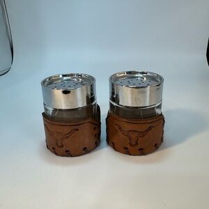 Brown Leather Salt and Pepper Shakers with engraved Bull